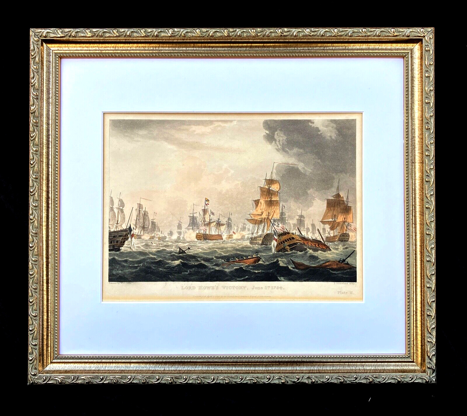 Antique British Naval Battle Original Strike Etching Maritime Watercolor Ships