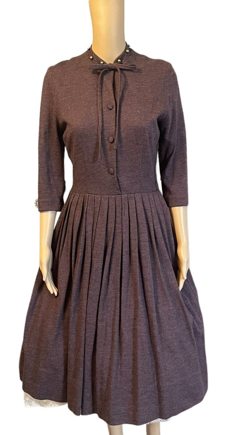 Vintage 50s Brown Knit Lorch Fit Flare Rockabilly MCM small Bow Dress sz S