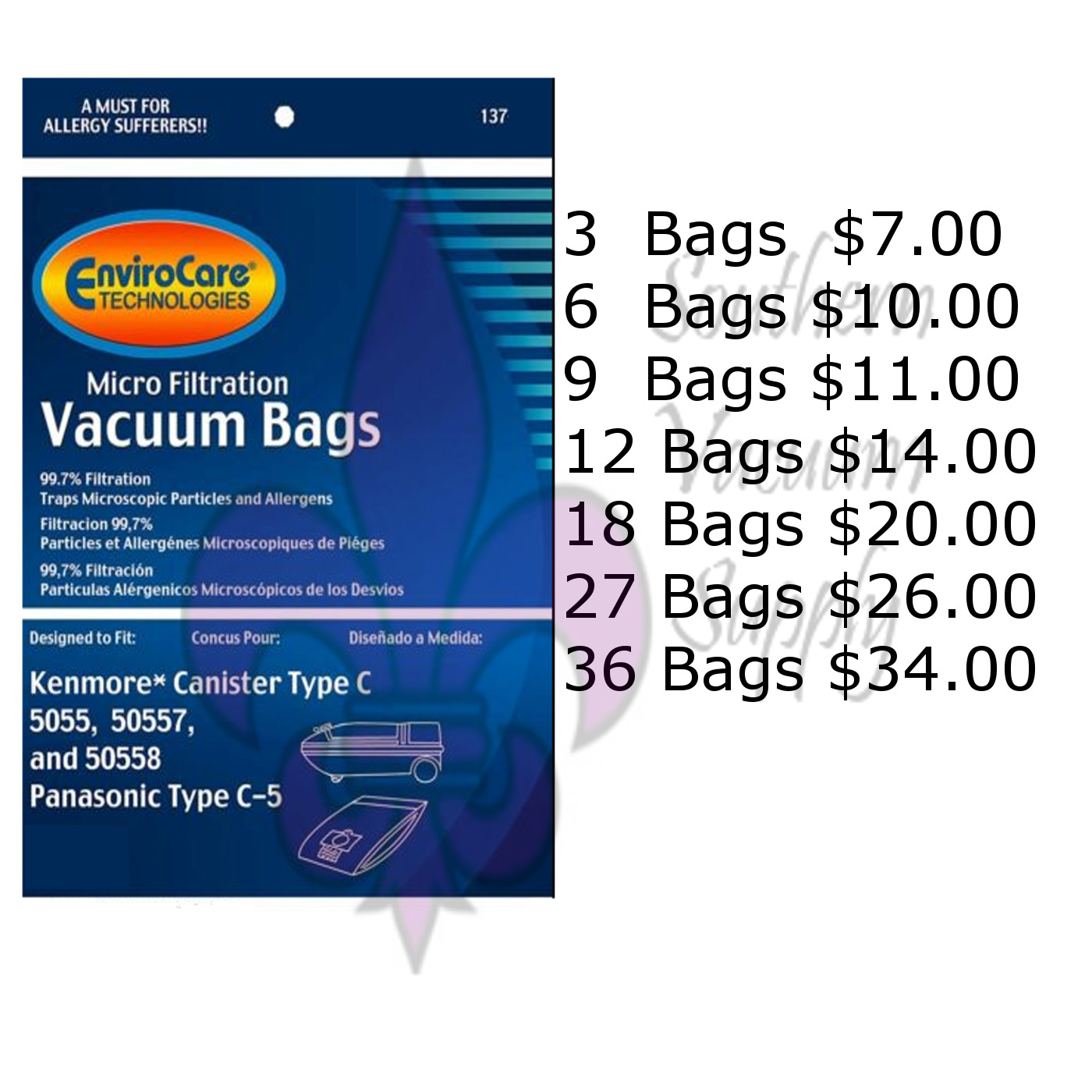 SEARS KENMORE TYPE C VACUUM BAGS FOR MODELS 5055, 50557 AND 50588