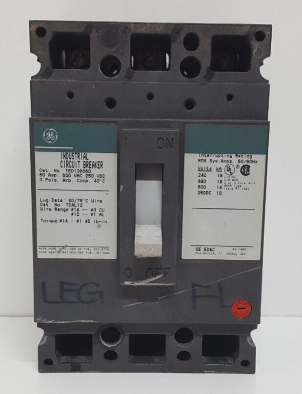GE TED136060 INDUSTRIAL CIRCUIT BREAKER 3 POLE 60 AMPS 600VAC 250VDC/ TESTED OK