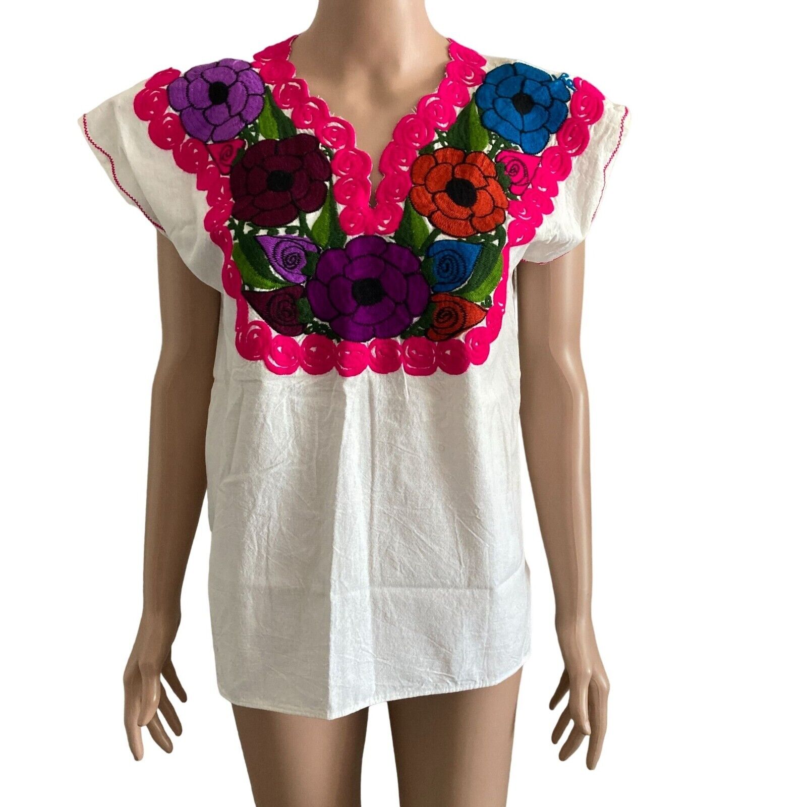 Mexican Blouse Embroidered Womens L Floral Embroidered