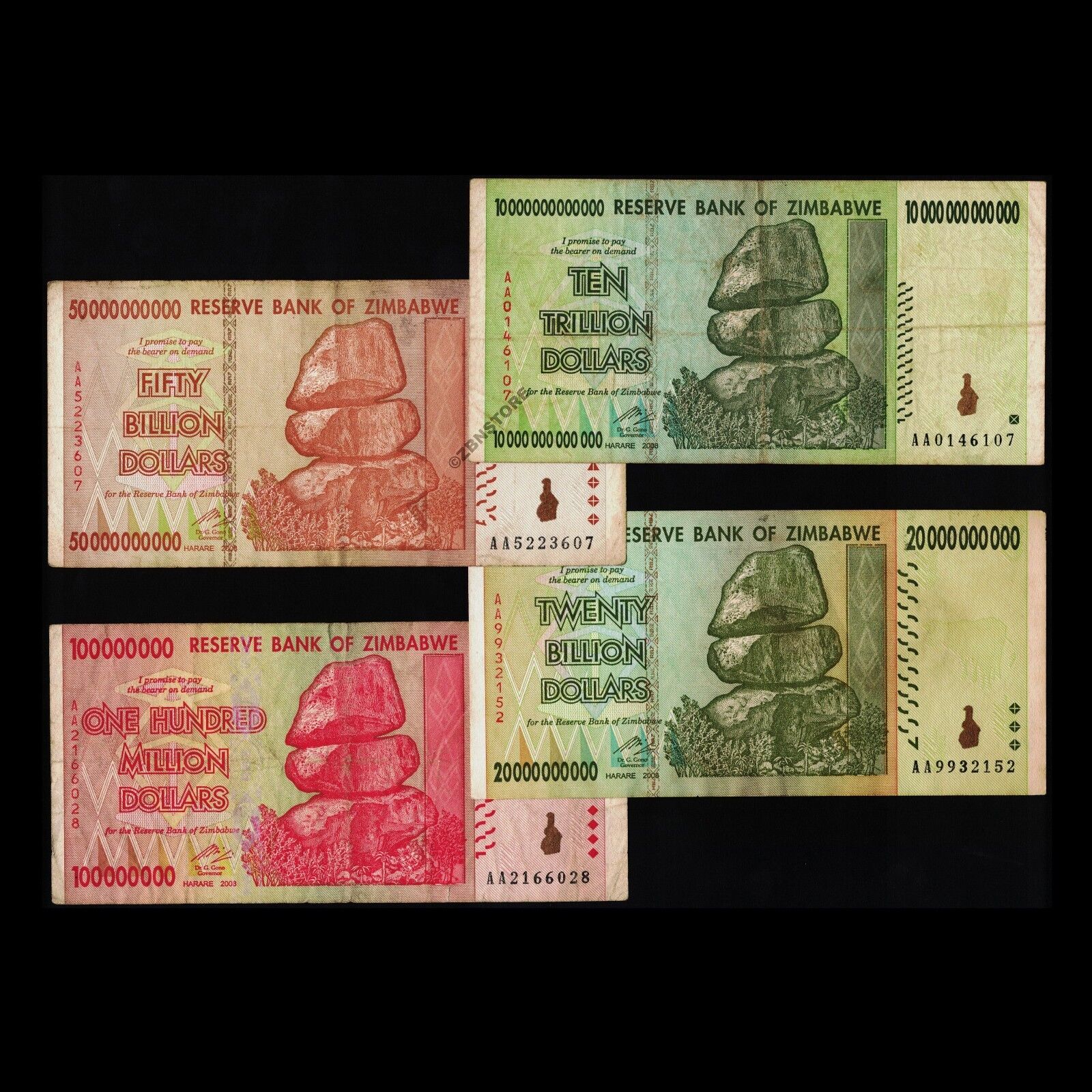 10 Trillion Dollars 20 50 Billion 100 Million Zimbabwe Banknotes AA 2008 w/ COA