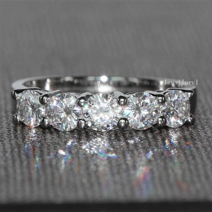 2.00 CT Excellent Cut 5-Stone Round Moissanite Wedding Ring Solid 14k White Gold