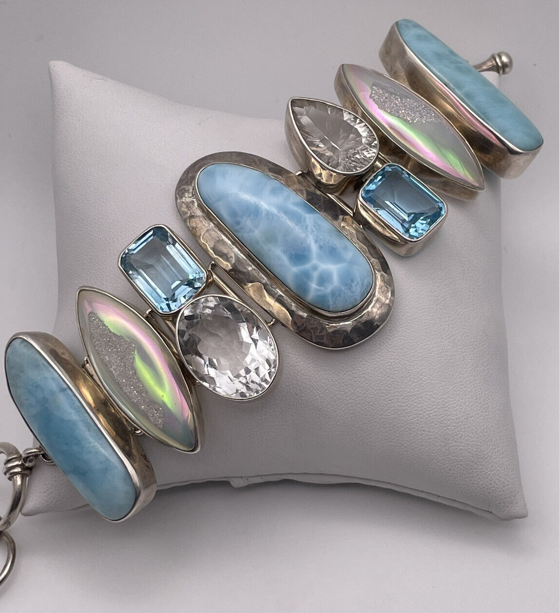 Stunning Large Sterling Silver Ladies Natural Larimar Blue Topaz MOP Bracelet