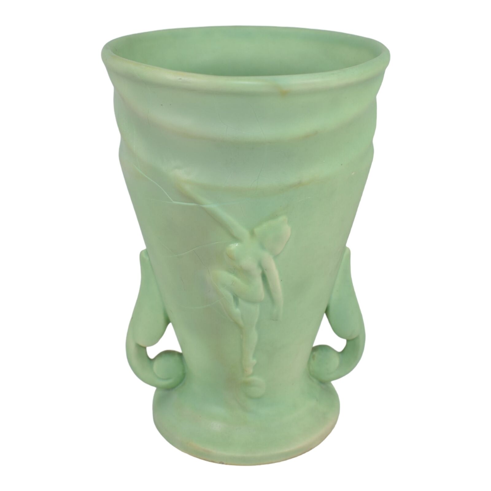 Rumrill 1930s Vintage Art Deco Pottery Green Nude Ceramic Flower Vase H-24
