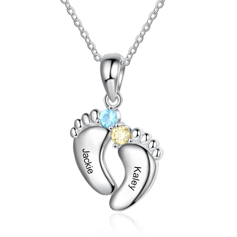 Custom Name Birthstone Necklace with Baby Feet Pendant-Personalized for Mothers