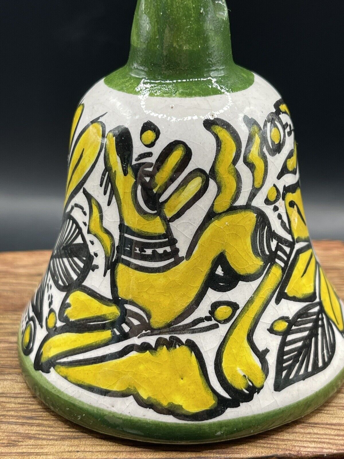 Vintage Mexican Pottery Bell Hand Painted and Glazed Green Yellow