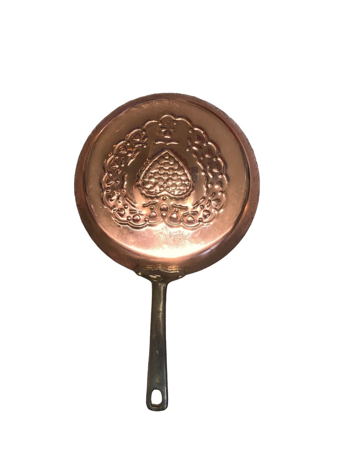 Decorative Copper Pan, Brass Handle, Tin Lined, High Relief Heart Design
