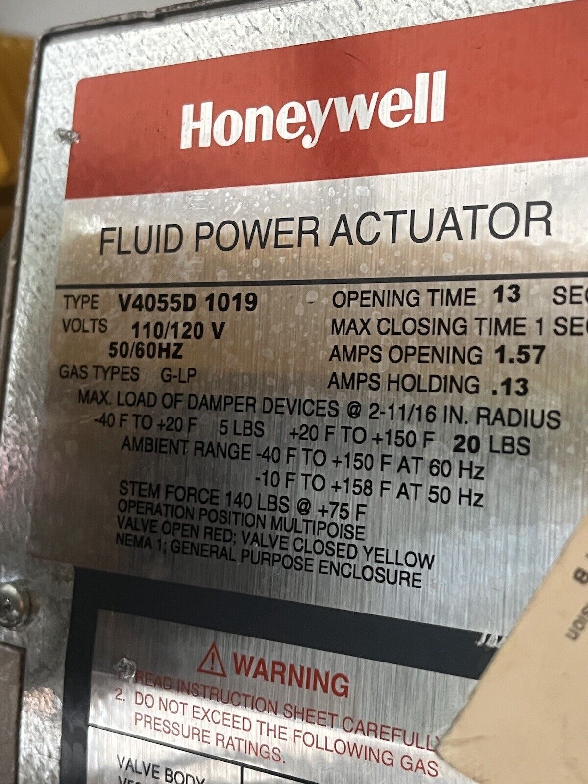 Honeywell  Fluid Power Actuator V4055D 1019