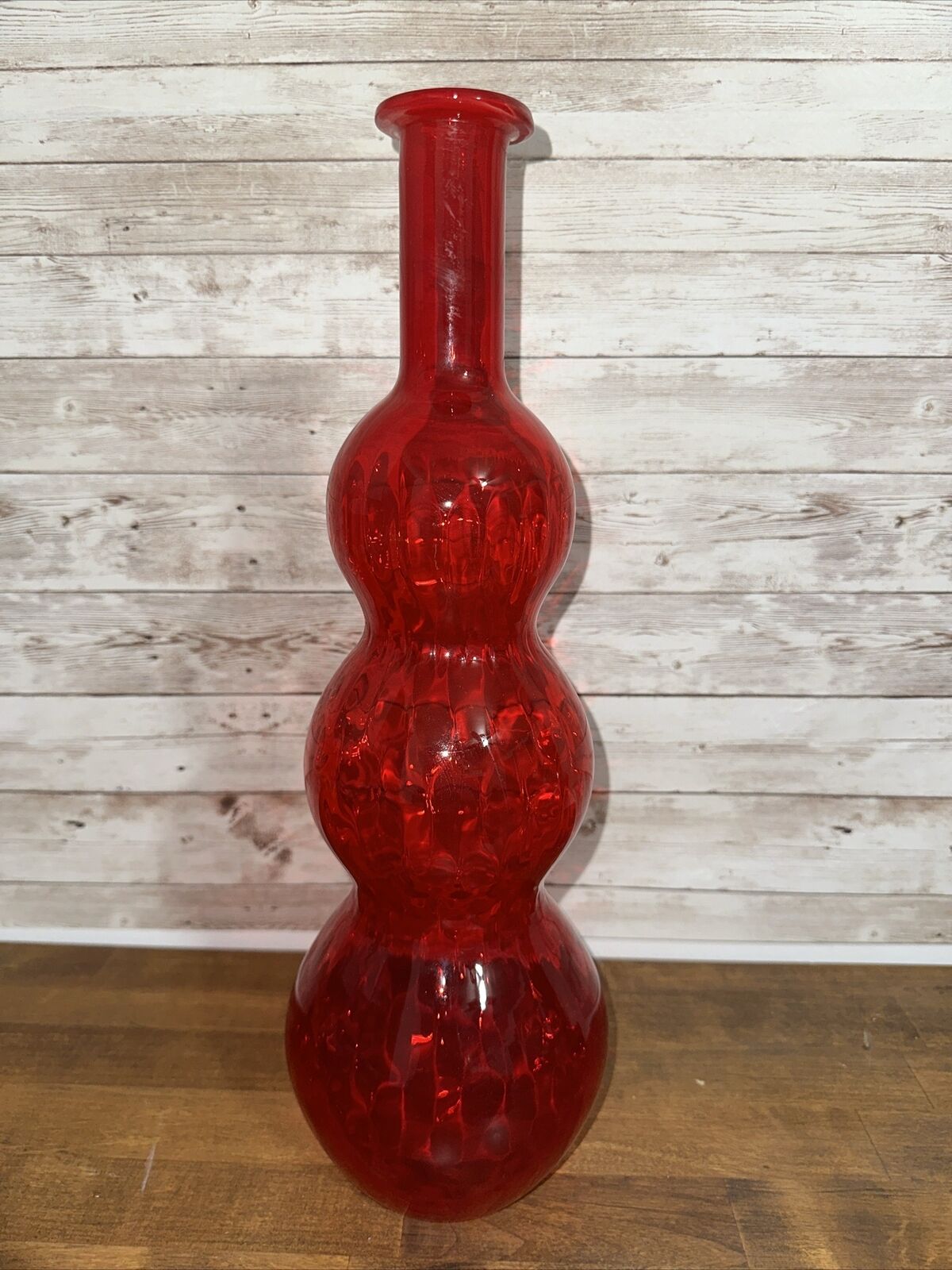 Vintage Empoli Red Ribbed Triple Gourd Gurgle Glass Genie Bottle Decanter Vase
