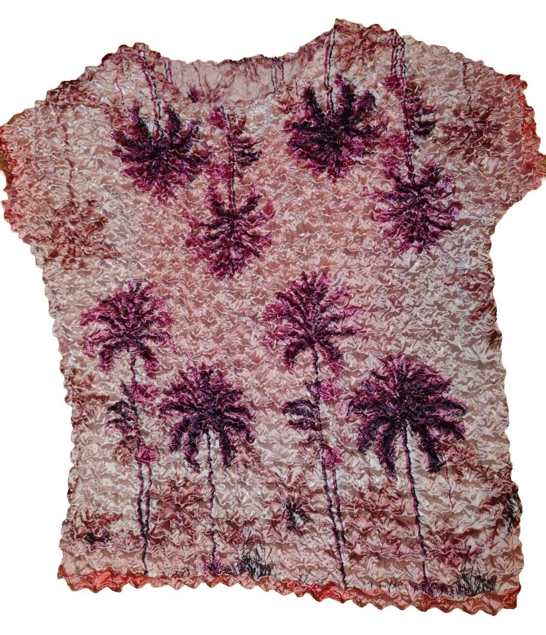 Y2K Pink Palm Tree  Scrunch Popcorn Bubble Textured Top Shirt  Stretchy  XL
