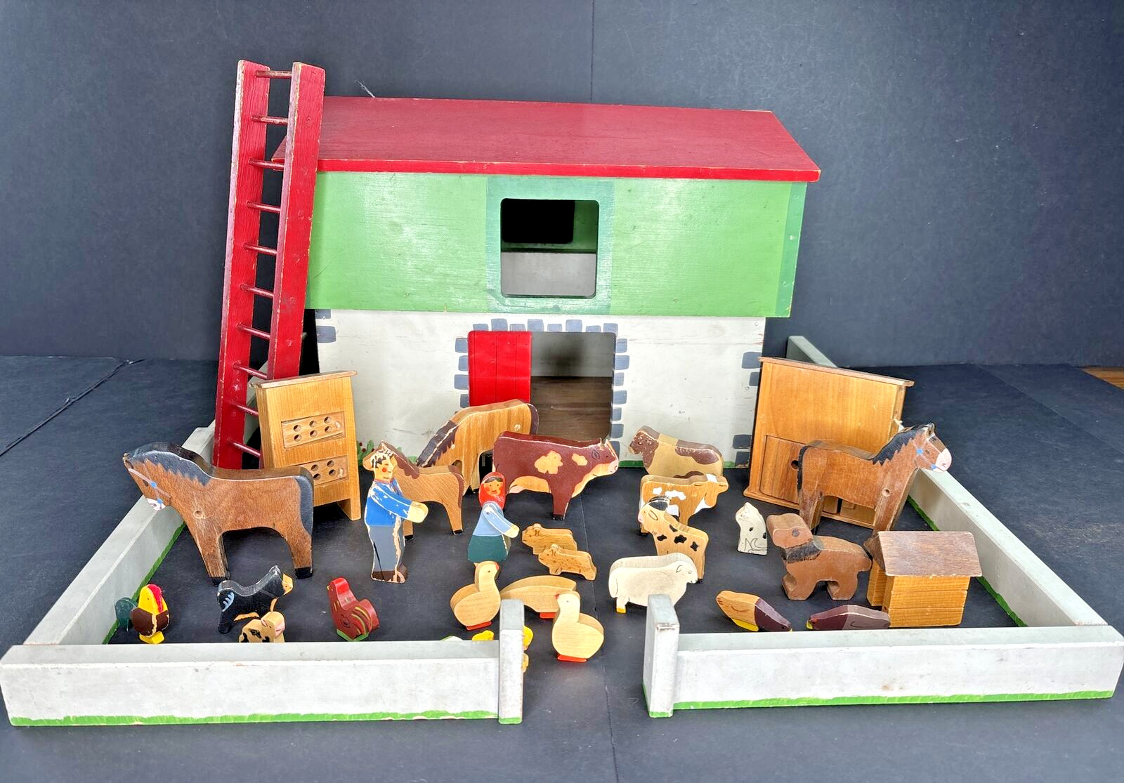 Antique Vintage Handmade Toy Wooden Barn with Loft Animals Accessories Folk Art
