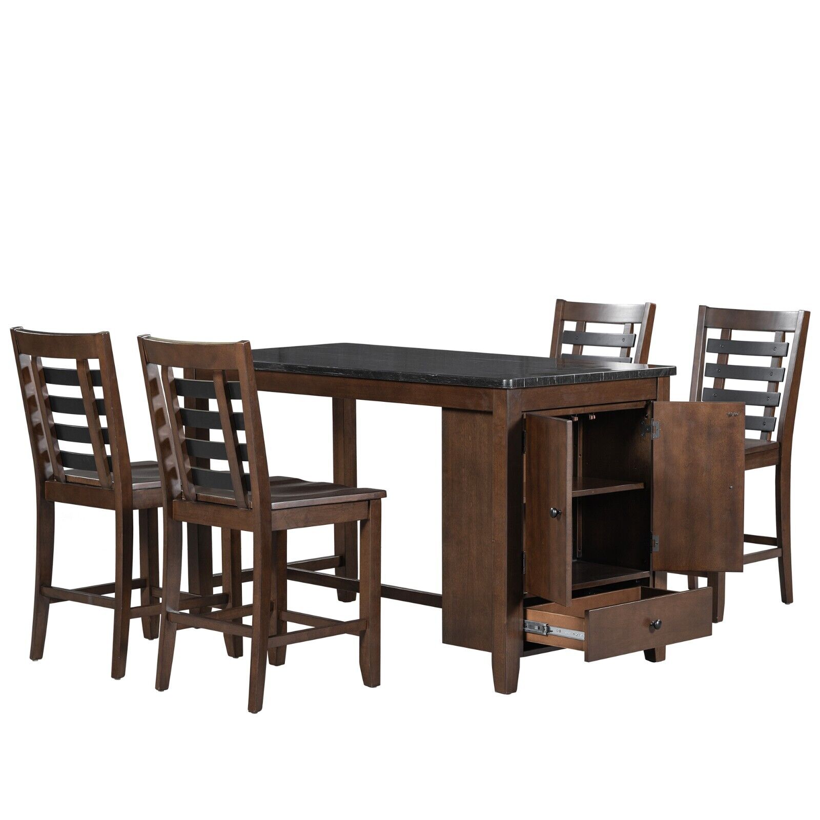 5-piece Solid Wood Dining Table Set W/ Marble Tabletop with Storage Cabinet
