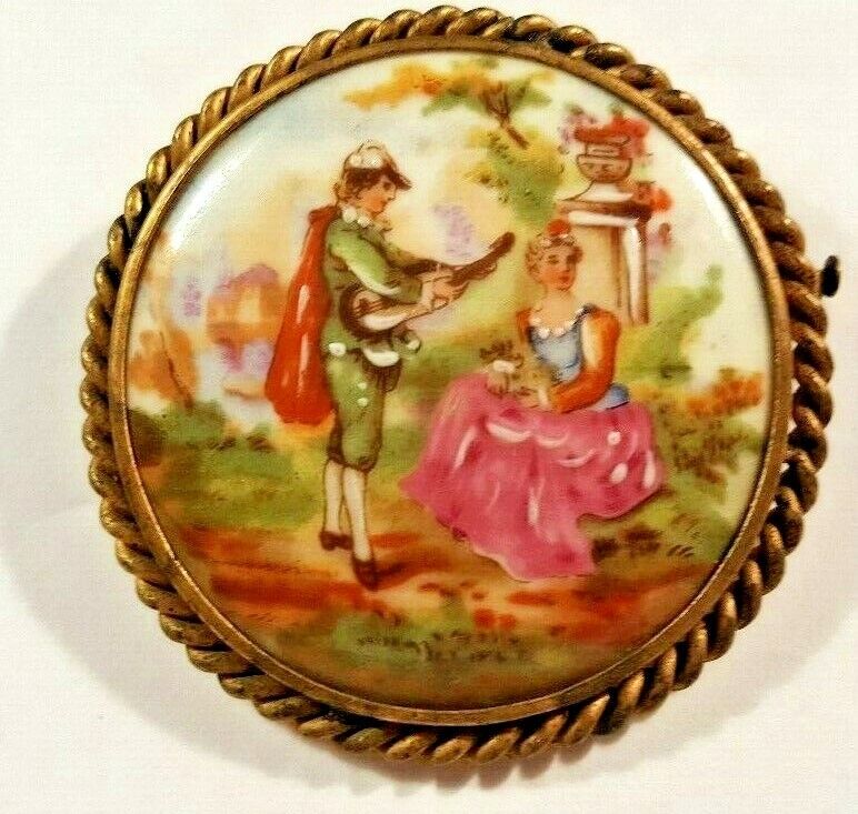French Antique Hand-painted Porcelain Pin signed by Limouges 2\