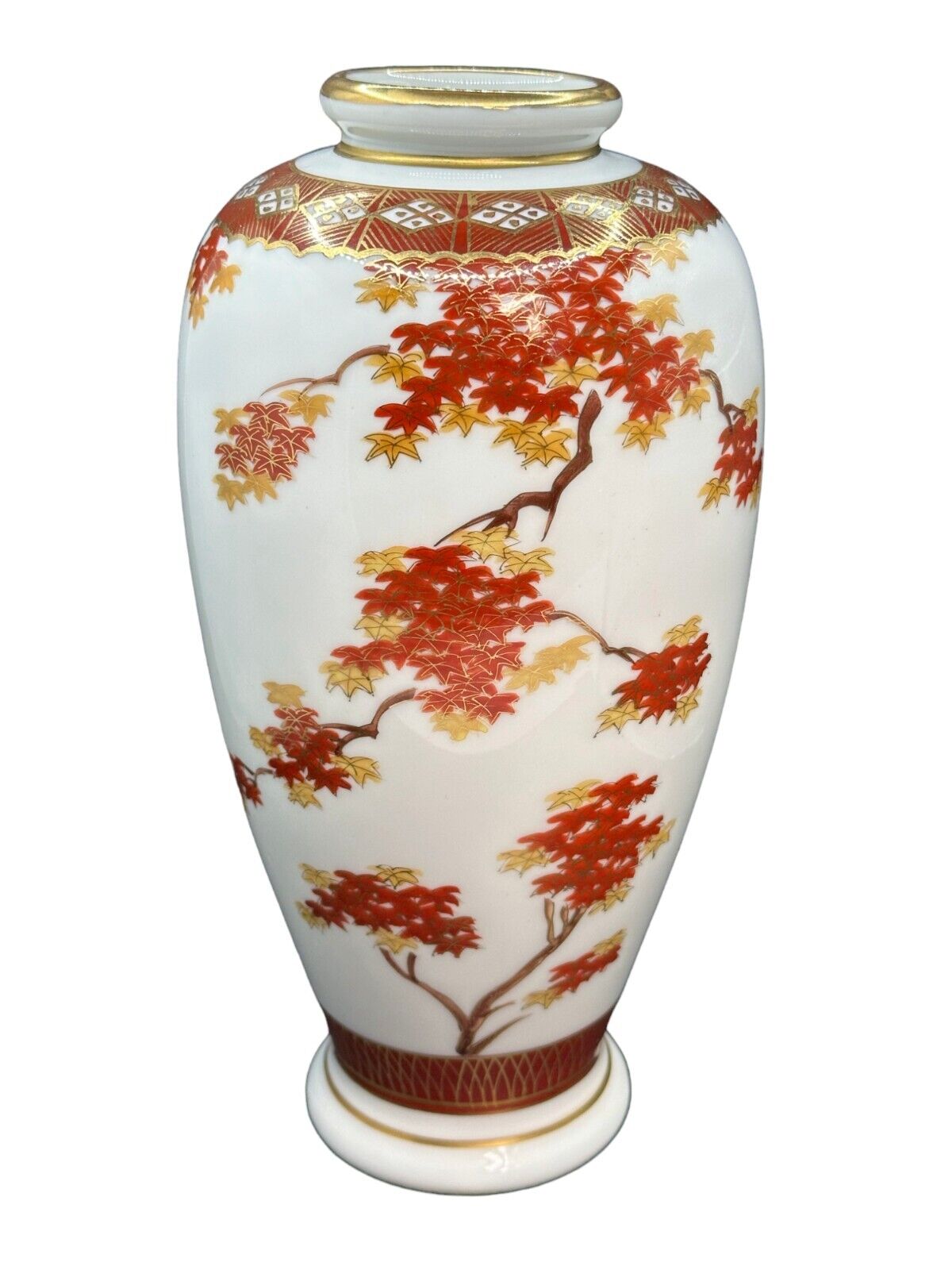 Satsuma Shimazu Taisho Pottery Porcelain Vase Autumn Maple Leaves Pattern