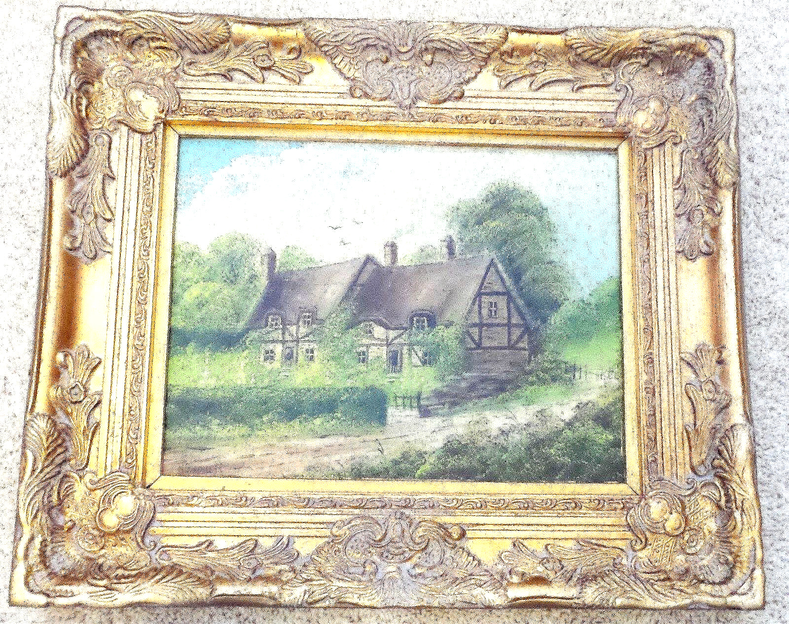 ANTIQUE OLD ENGLISH COTTAGE OIL PAINTING NAILED, FRAMED AND SIGNED N. BARNETT 