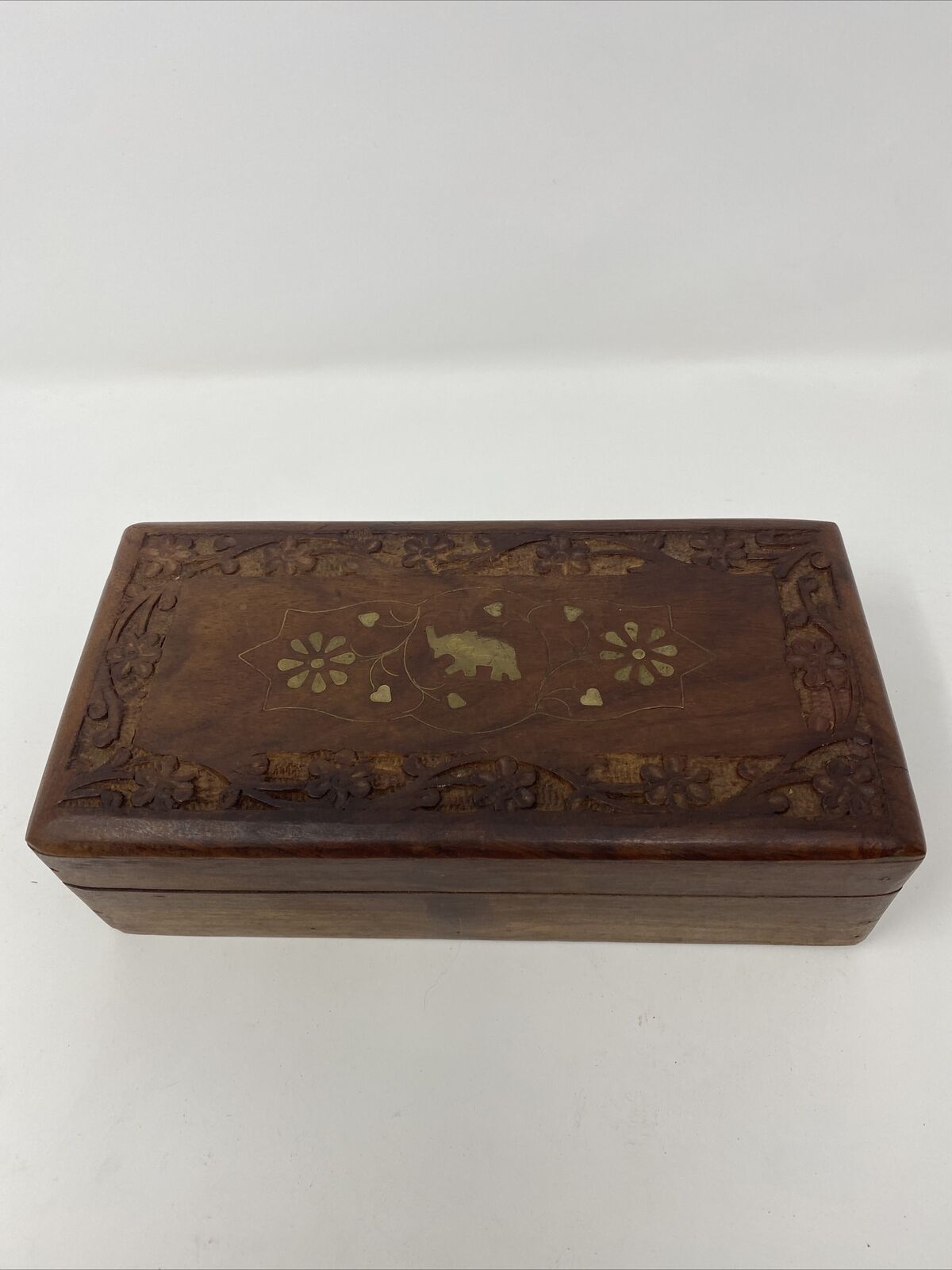 Vintage Hand Carved Wood Box Trinket Jewelry India Elephant