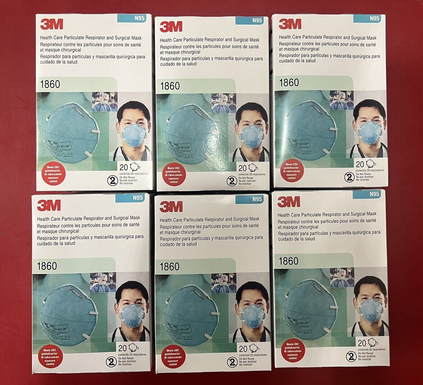 6 BOXS of 20 NEW 3M 1860 N95 Face mask Particulate Respirators Case of 120 Masks