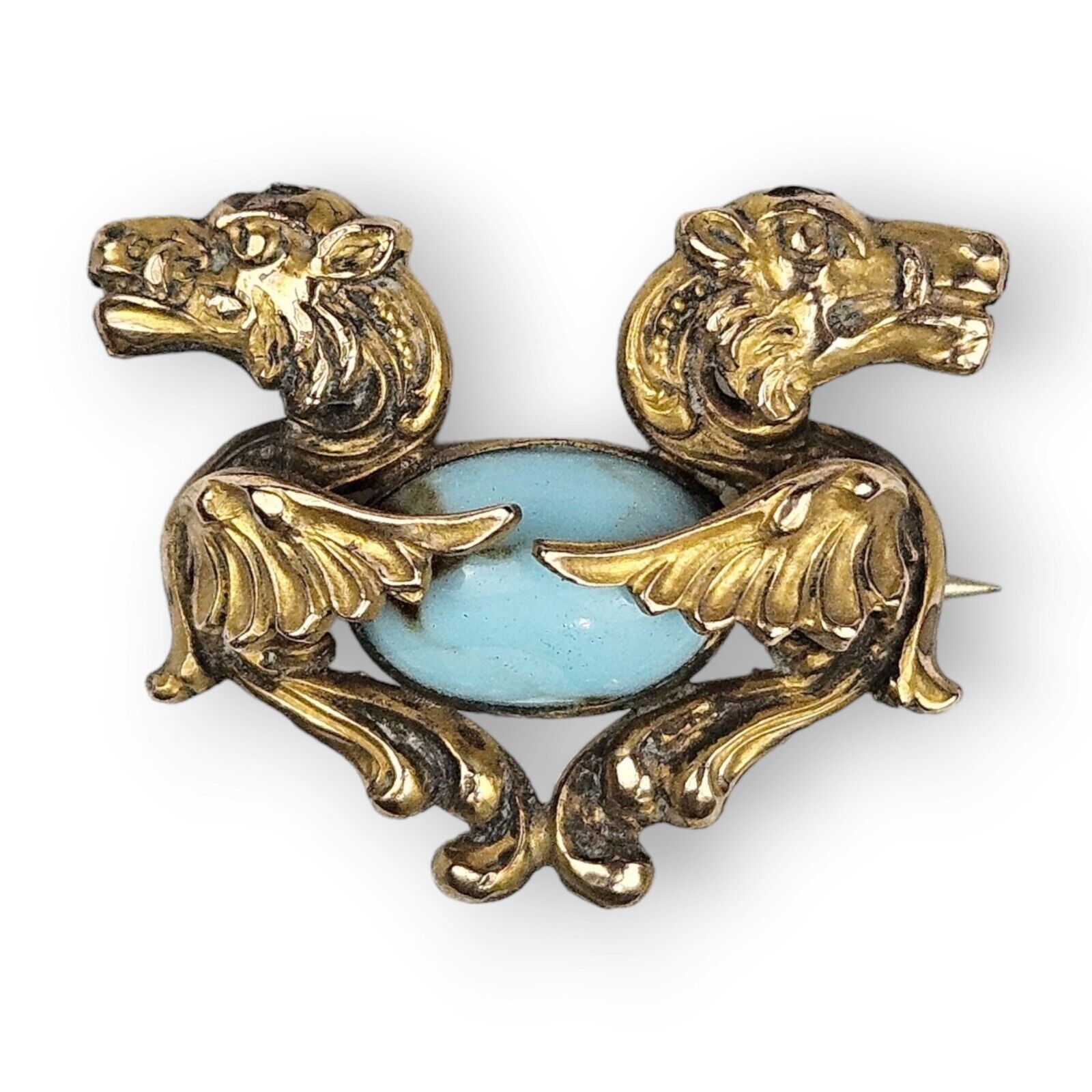 Antique Victorian Griffin Lion Brooch Gothic Revival Blue Stone Gold Filled FLAW