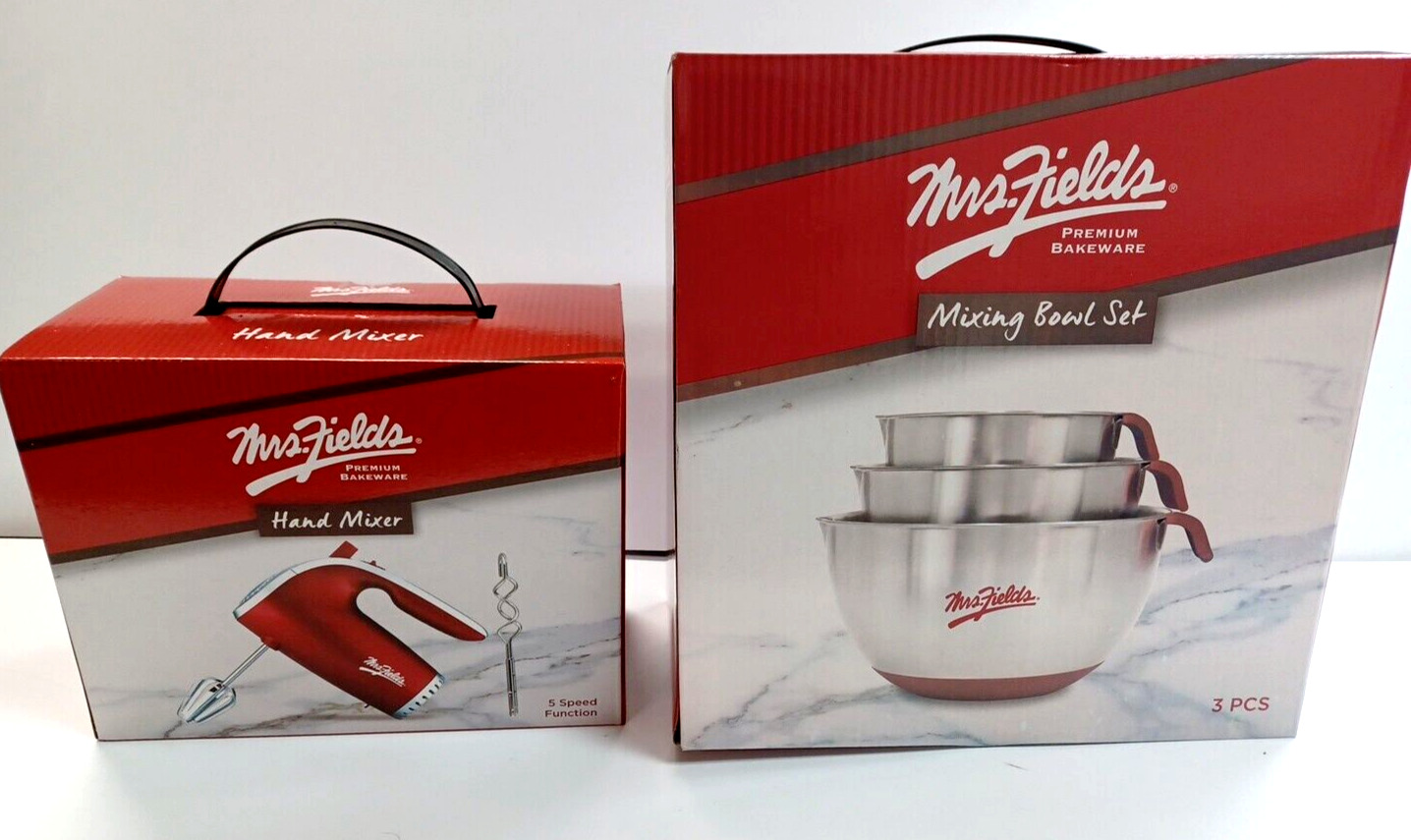 Mrs. Fields Premium Handheld Mixer & 3 pc Bakeware Mixing Bowl Set  - New in Box