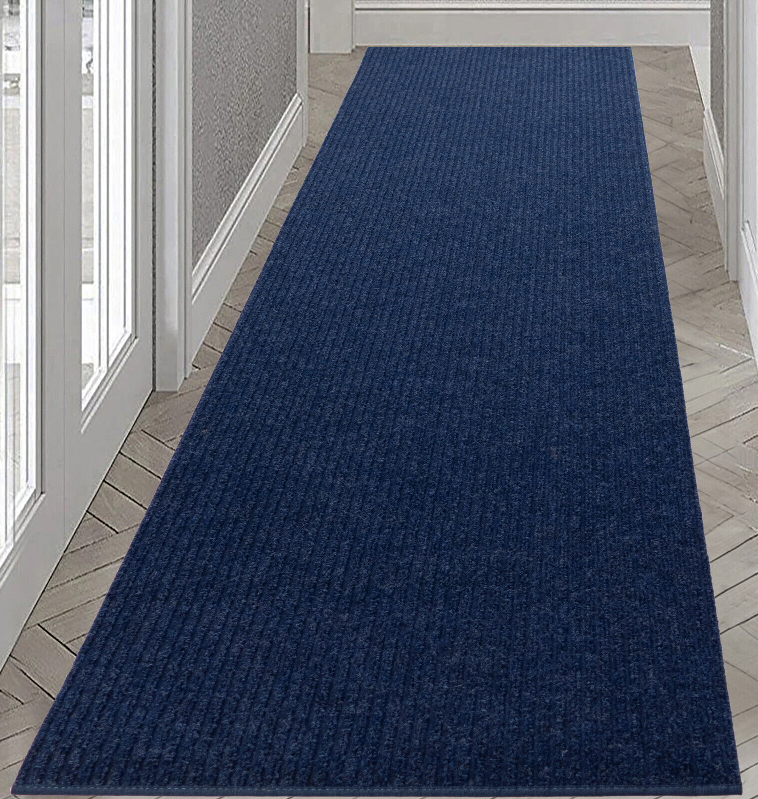 Outdoor Custom Size Tough Collection Blue Skid Resistant Runner Rug (Size By Ft)