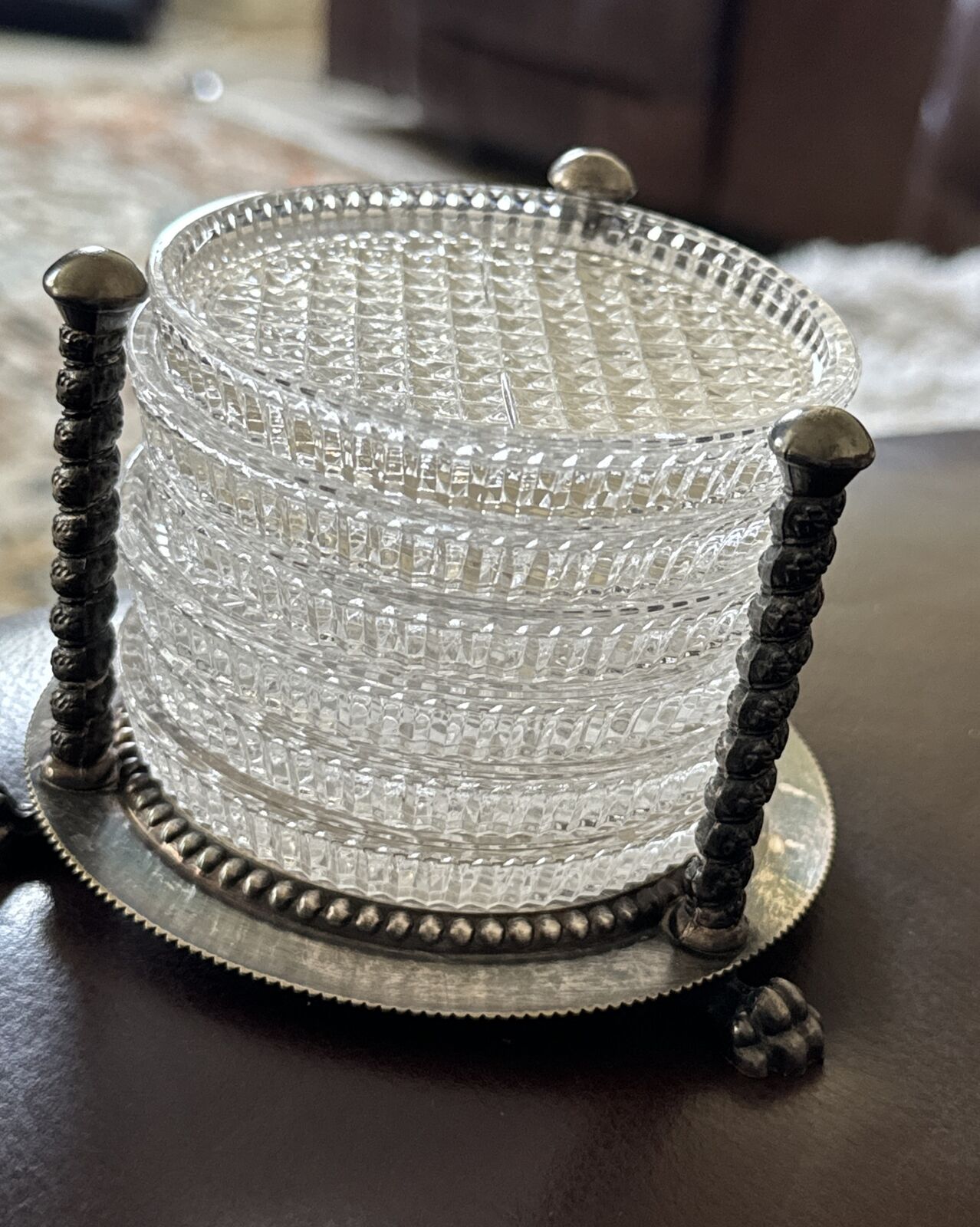 Vintage FB Rogers Lion Claw Foot Silverplated Caddy 6 Crystal Coasters Hong Kong