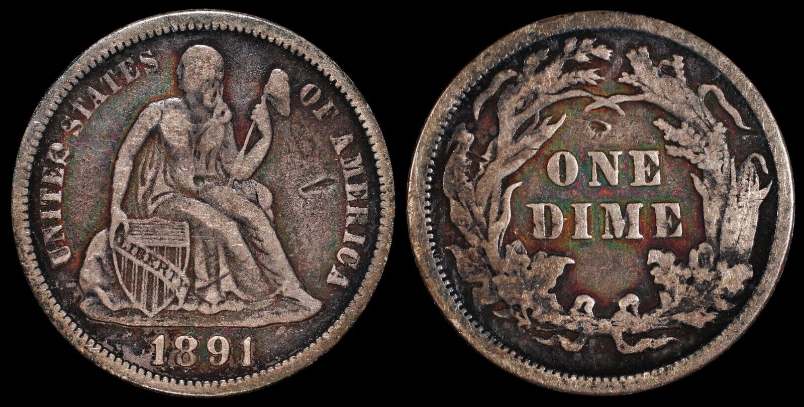 1891 Seated Liberty Dime Type 5 Legend Obverse  Old Silver US Type Coin Tone