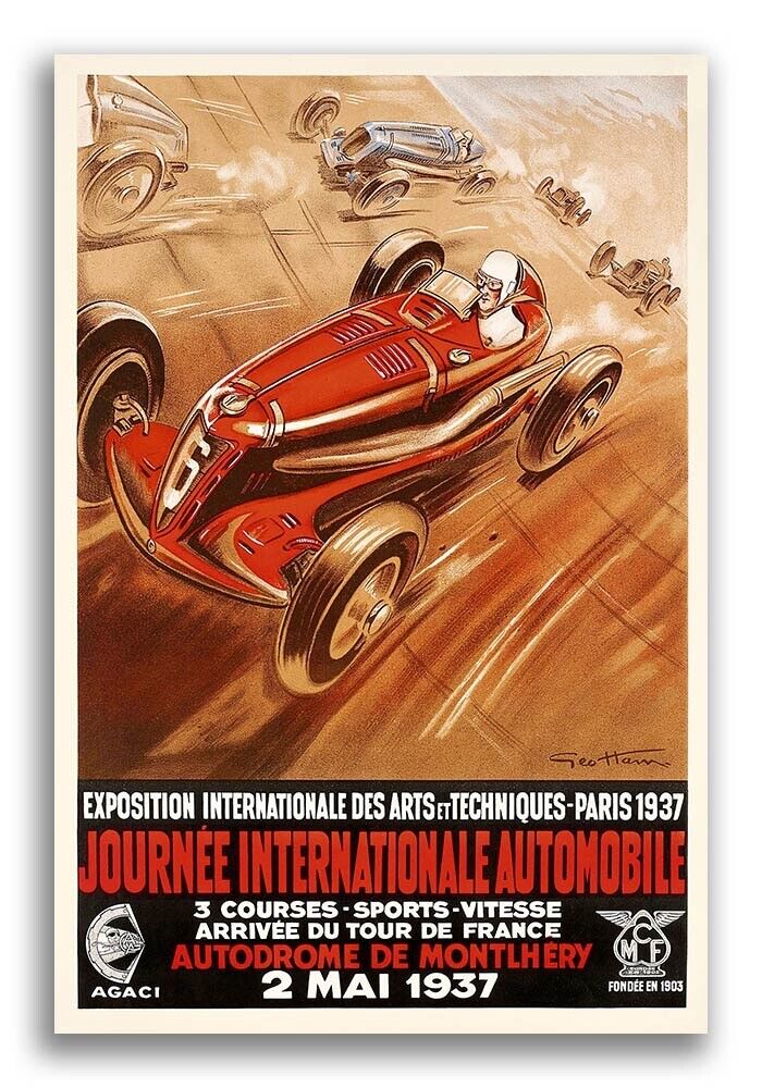 1937 French Paris Grand Prix International Vintage Style Race Car Poster - 20x30