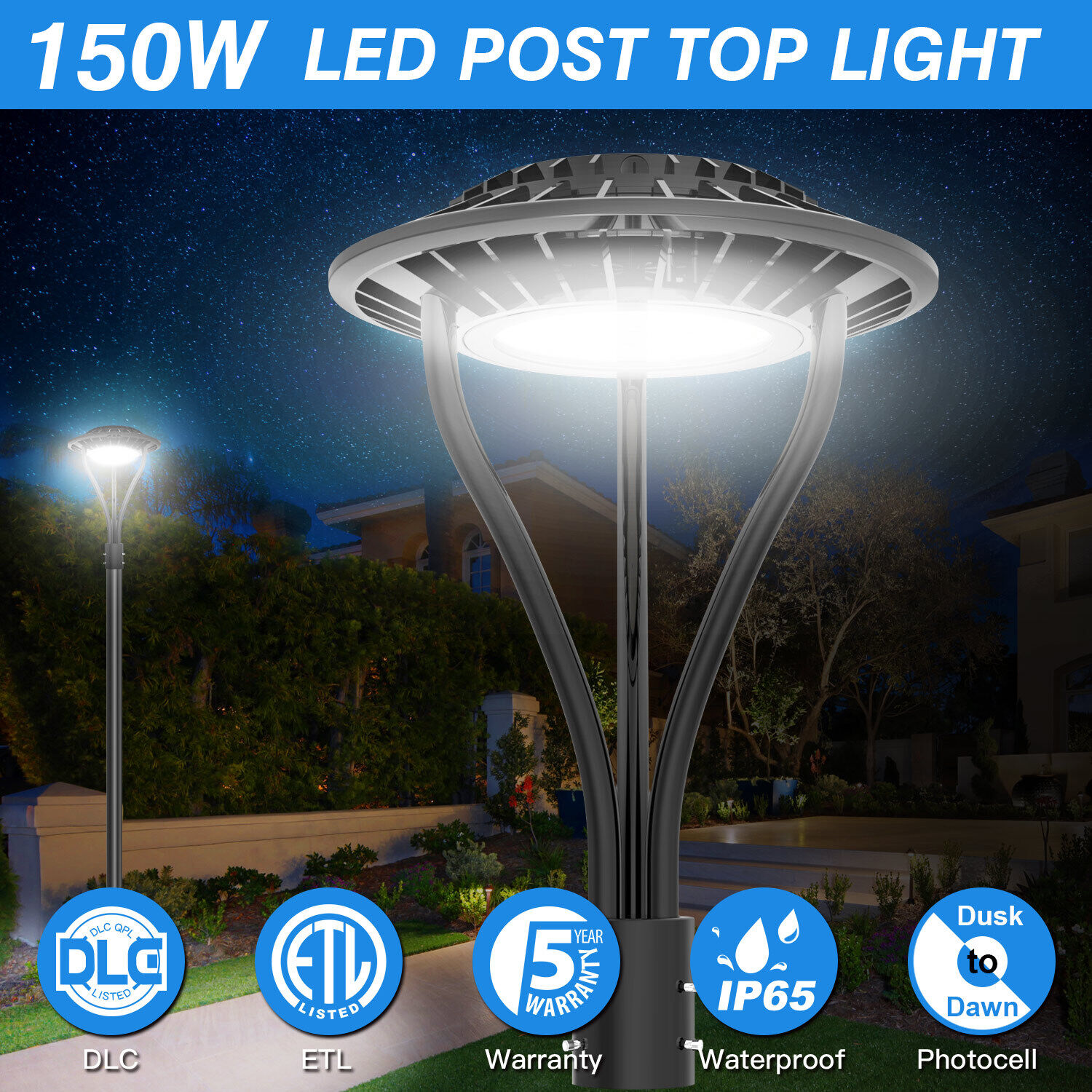 KUKUPPO Led Post Top Light 150W Dusk to Dawn Outdoor Circular Pole Area Lighting