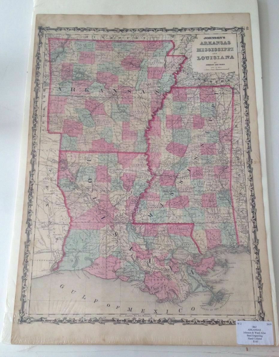 Arkansas Mississippi Louisiana Antique Map Johnson 1861 Original