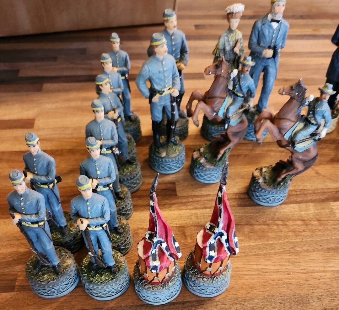 Rare US American Civil War North V. South Hand Painted 32pc Chess Set  Rare Set