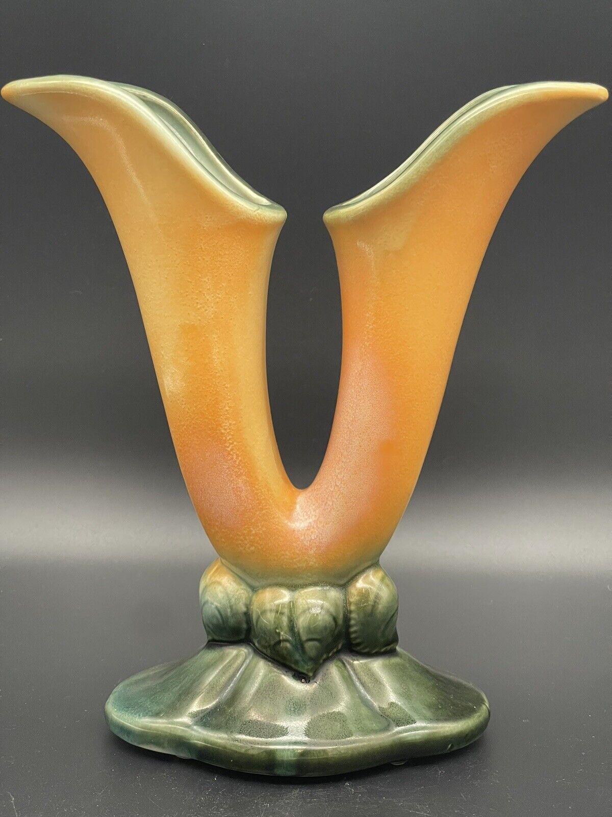 Vintage 1950s Hull Double Fluted Horned Vase #103 Orange And Green Novelty