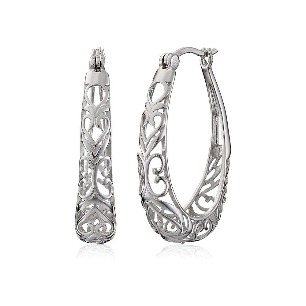 925 Sterling Silver 30mm Oval Vintage Filigree Hoop Earrings For Women - Italy