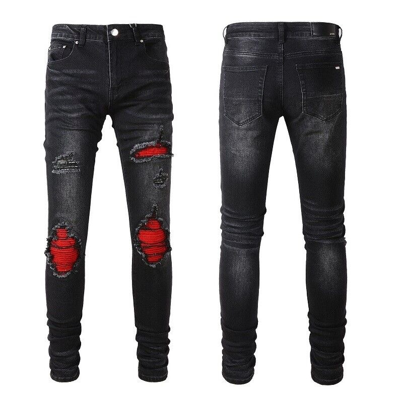 Mens Knee Hole Ripped Red Pleated Patchwork Skinny Fit Black Stretch Denim Jeans