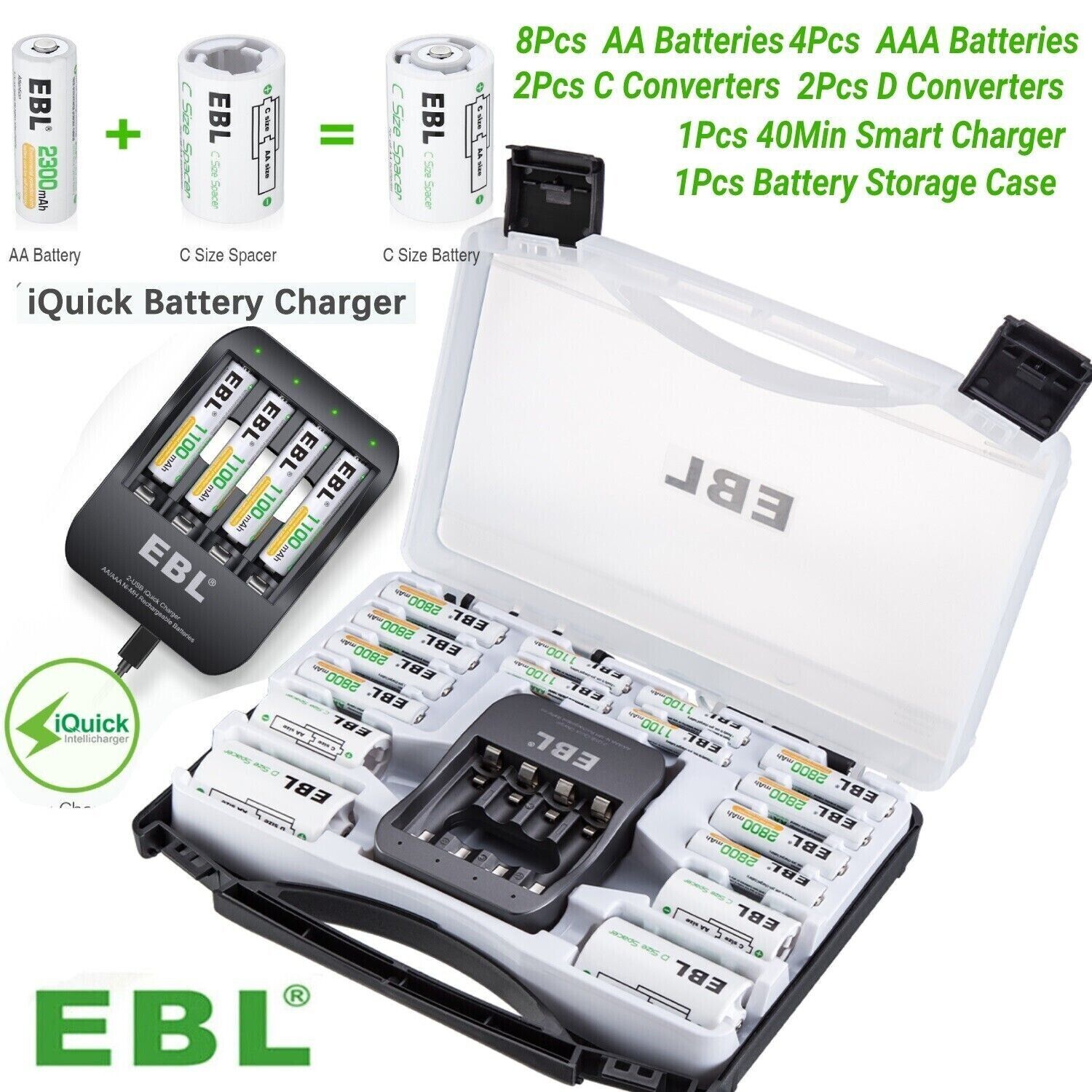 EBL Batteries Box:  Rechargeable 8 AA 4 AAA Batteries +Charger & 2 C/D Converter