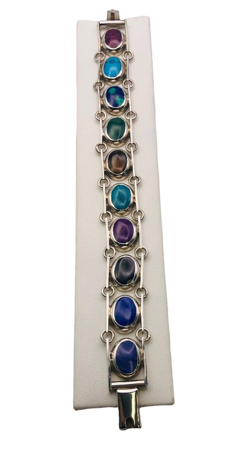 TAXO Mexico Sterling Silver Multi-Colored Gemstone Bracelet 8 Inches 53 grams