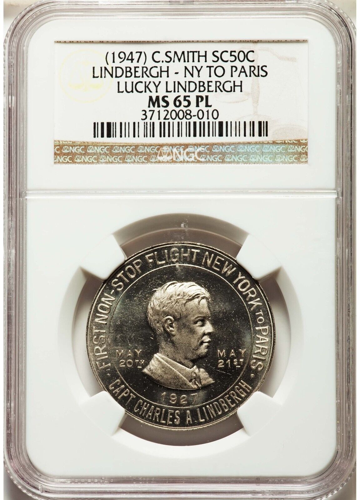 1947 Lucky Lindbergh NY-Paris NGC MS65 PL C. Smith So Called Half Dollar