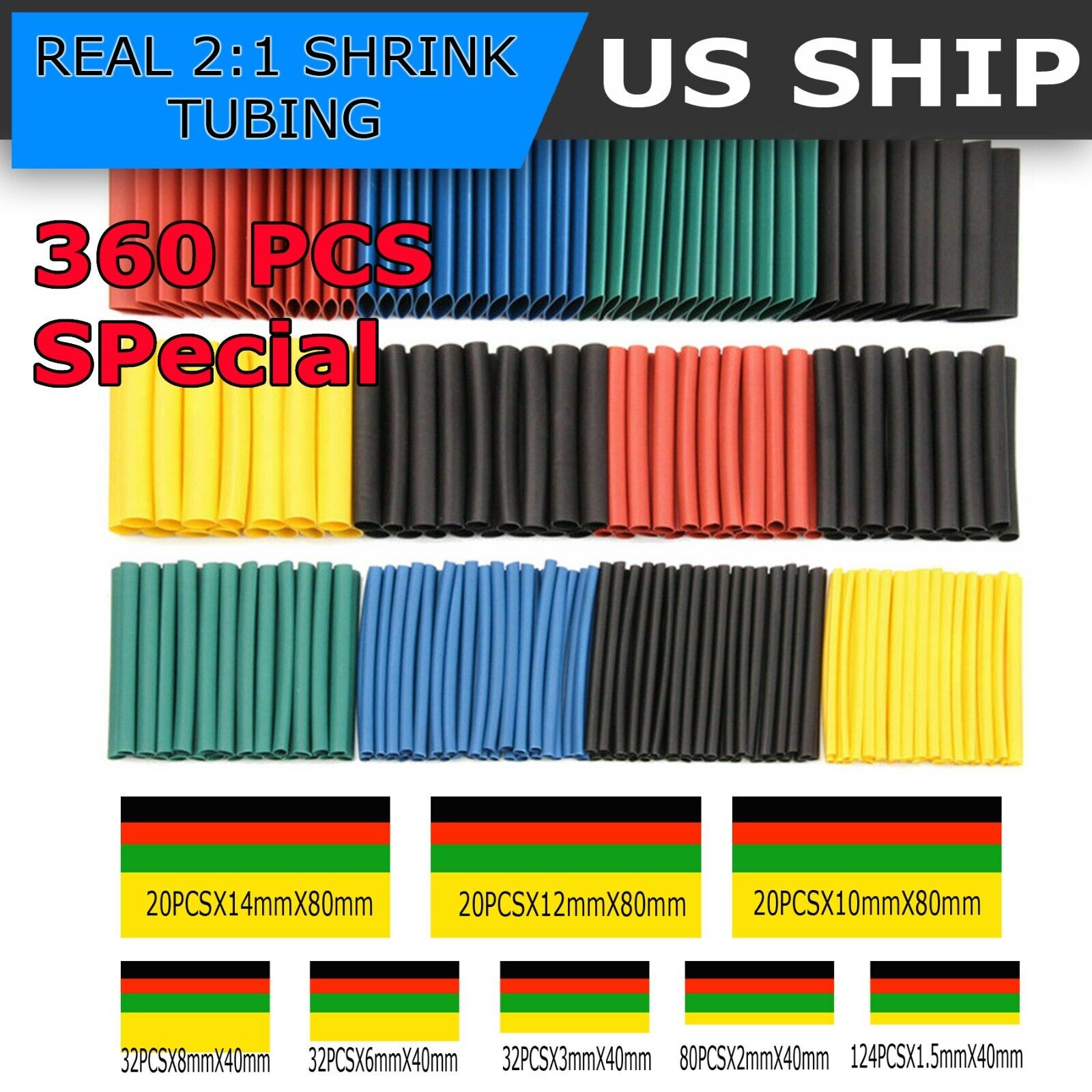 360Pcs HEAT SHRINK Tubing Insulation Shrinkable Tube 2:1 Wire Cable Sleeve