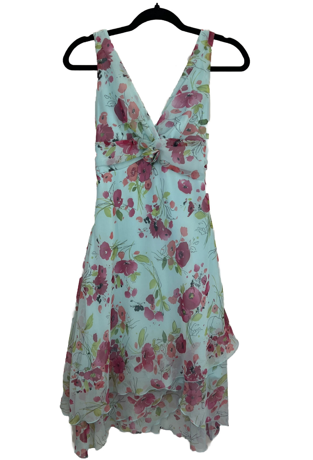Vintage B Smart Blue floral Sun dress Sz 5/6 Sm Asymmetric Sheer Y2k V Neck Midi