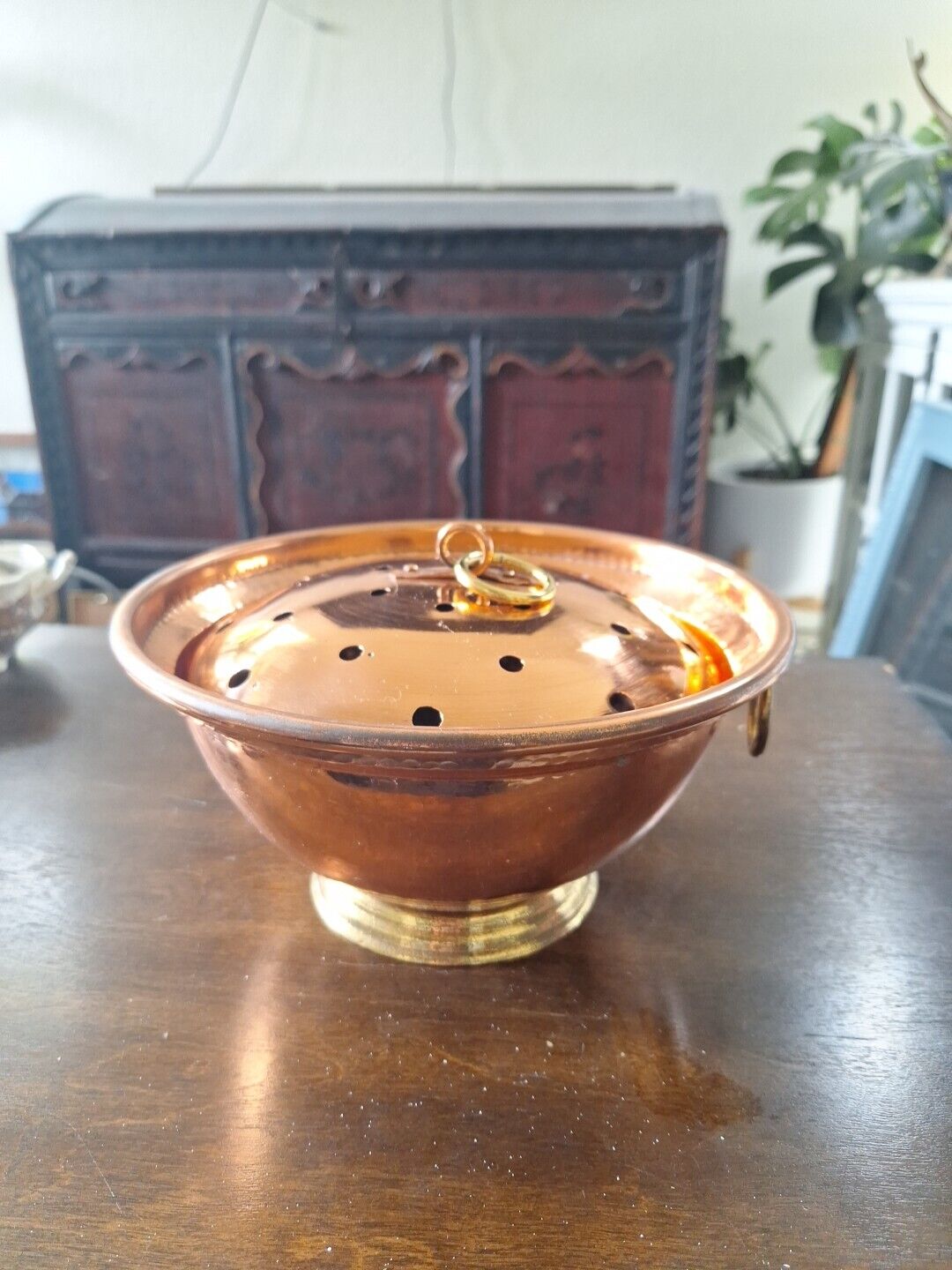 NICE Vintage Solid Copper Potpourri Kettle Lidded & Brass Handles and Base