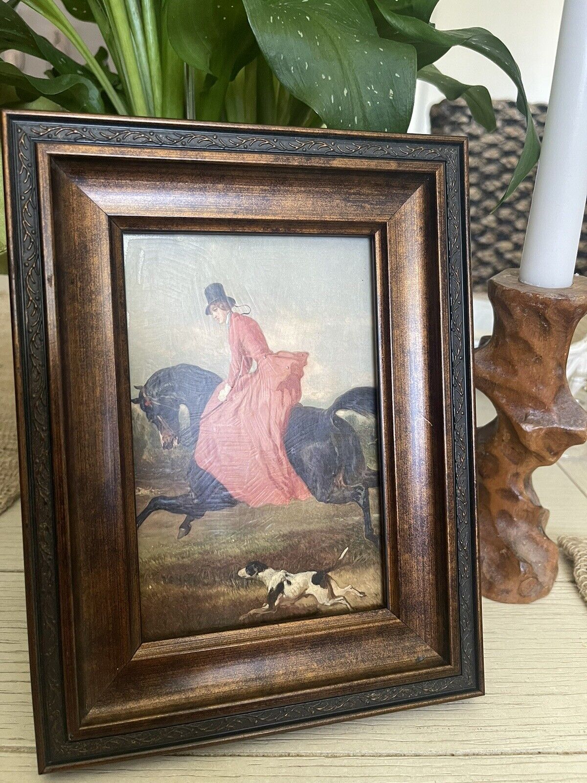 Dark Wood framed Vintage Styled Women on Horse Print