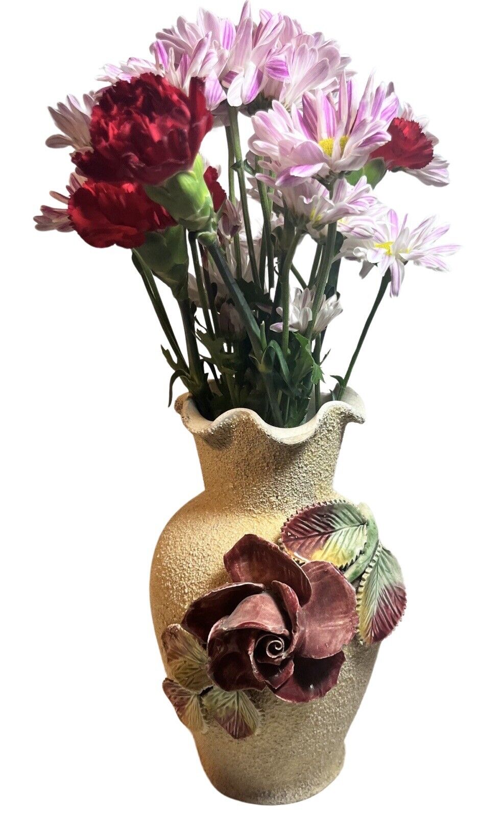 Antique Textured Painted Vase. 3D Effect. Beautiful Rose. Near Mint Condition