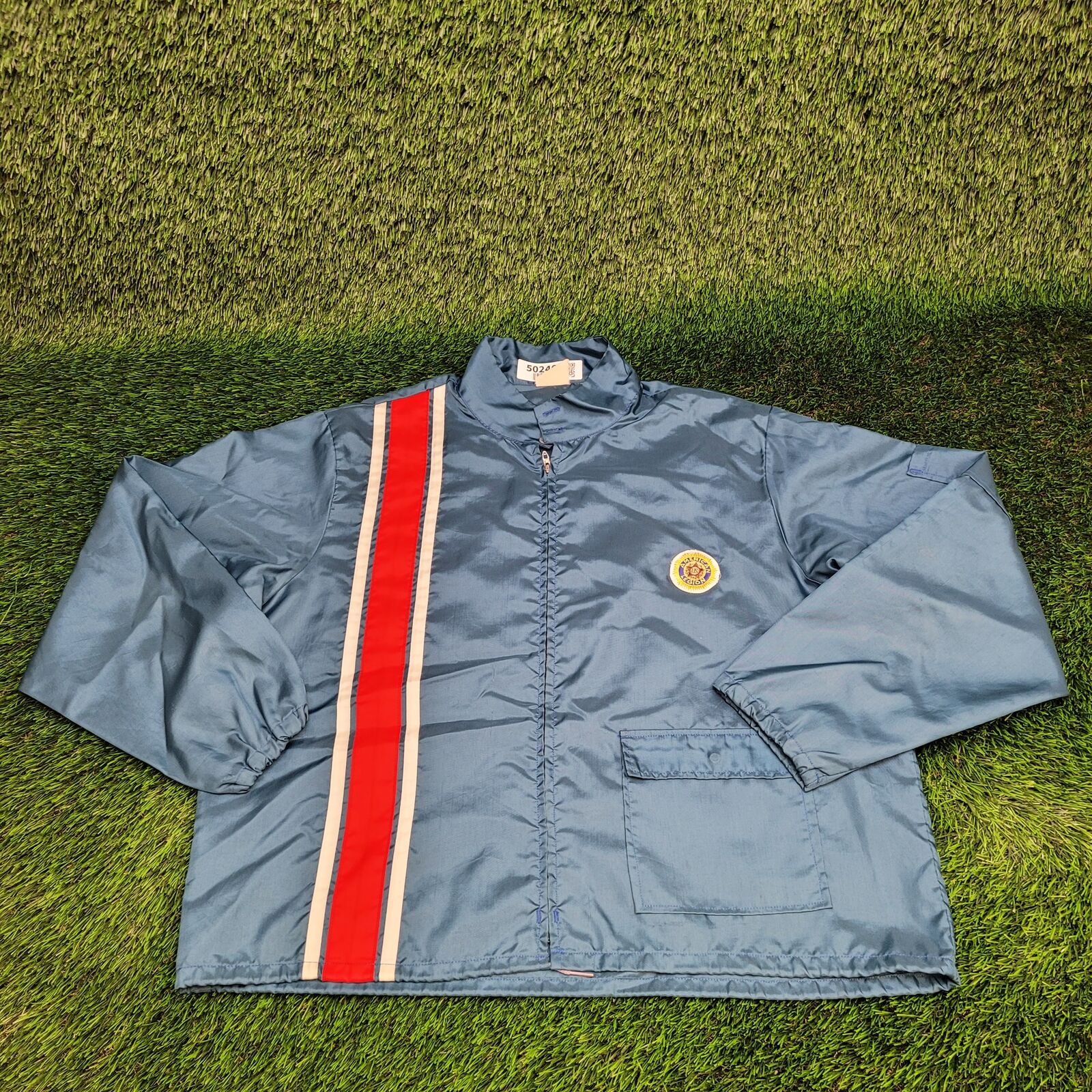 Vintage 80s American-Legion Harrington Jacket XL Blue White Red Vertical Striped