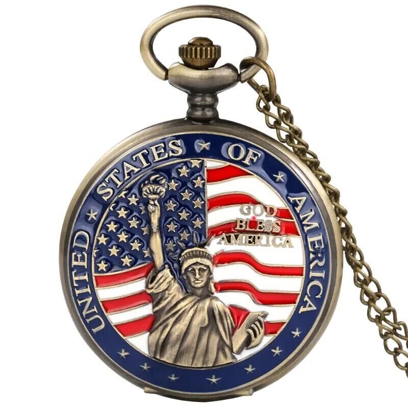 Vintage American Statue of Liberty Pattern Necklace Quartz Pocket Watch Pendant