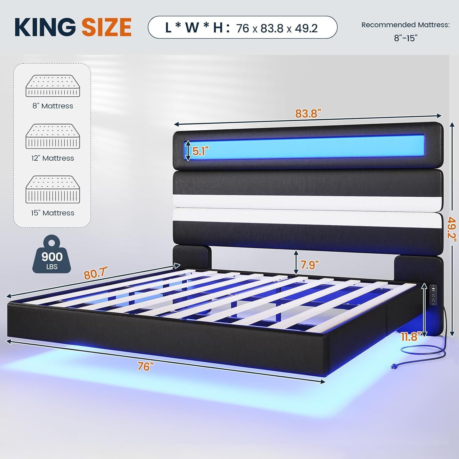 Floating Bed Frame with Tall Headboard & LED Lights PU Leather Upholstered Bed
