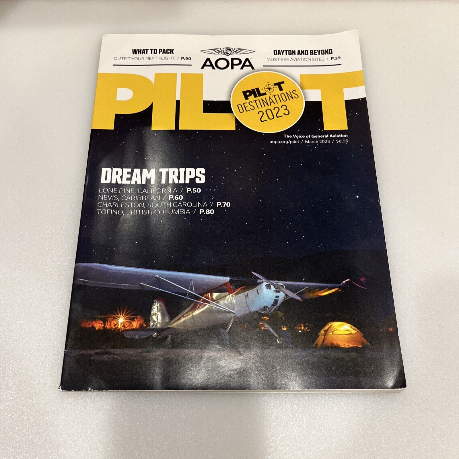 AOPA Pilot Magazine March 2023 Dream Trips Lone Pine CA Nevis Charleston Tofino