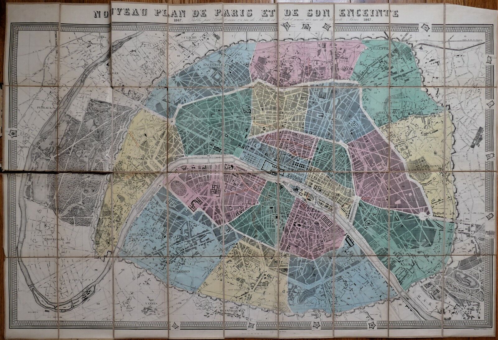 RARE Antique Map - Original 1867 Ledot Folding Color Map of Paris, France 
