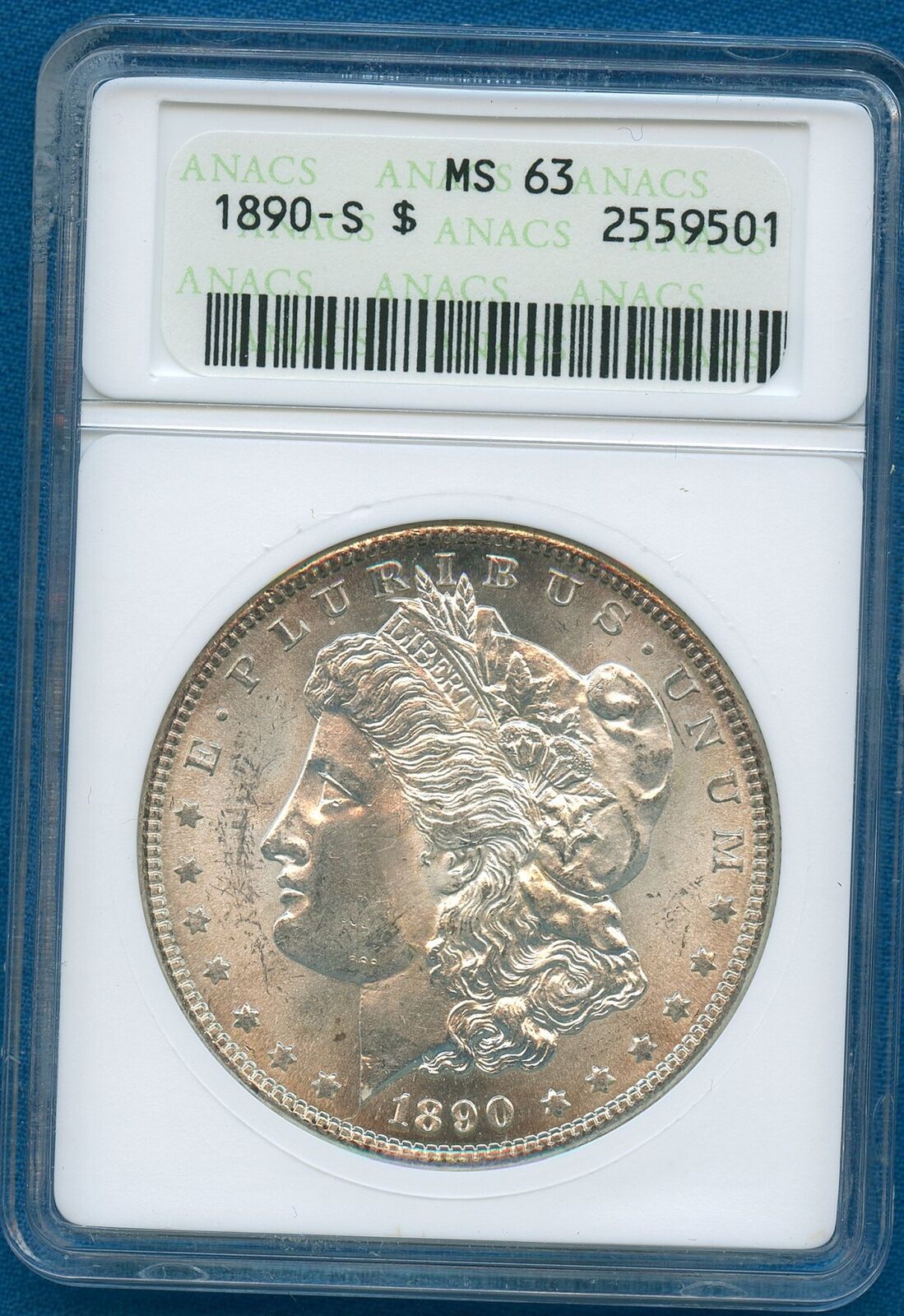 1890 S ANACS MS63 Morgan Silver Dollar $1 US Mint Rare 1890-S MS-63 Soapbox PQ 
