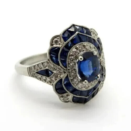 Art Deco Vintage Style Lab-Created Sapphire & Diamond Engagement 925 Silver Ring