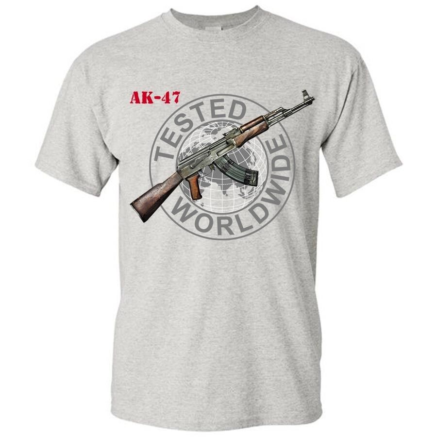 Russian Graphic Cotton Gray T-Shirt AK-47 Kalashnikov Gun Shirt 